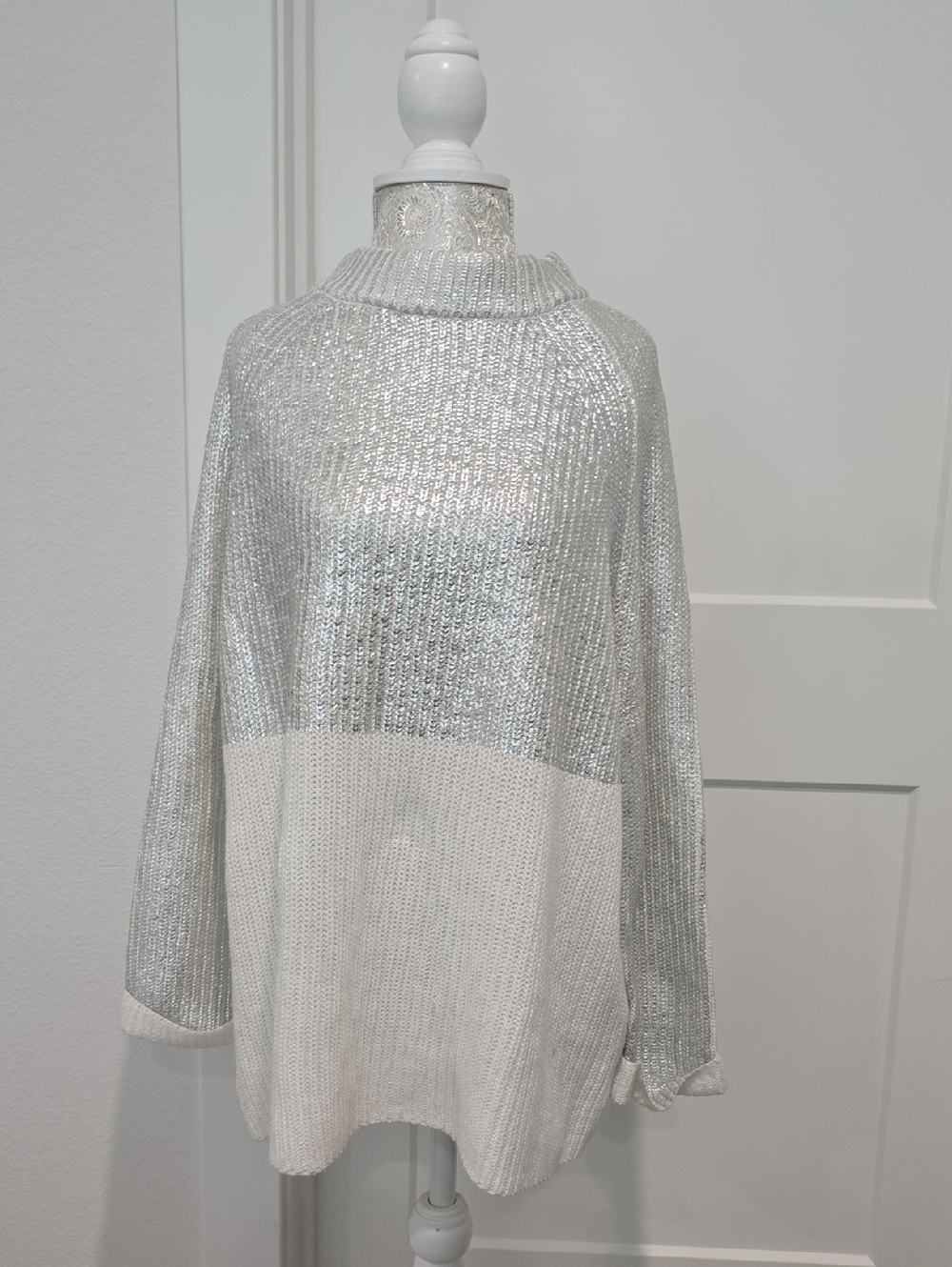 Chico's Silver and Ivory Metallic Rib Knit Pullover